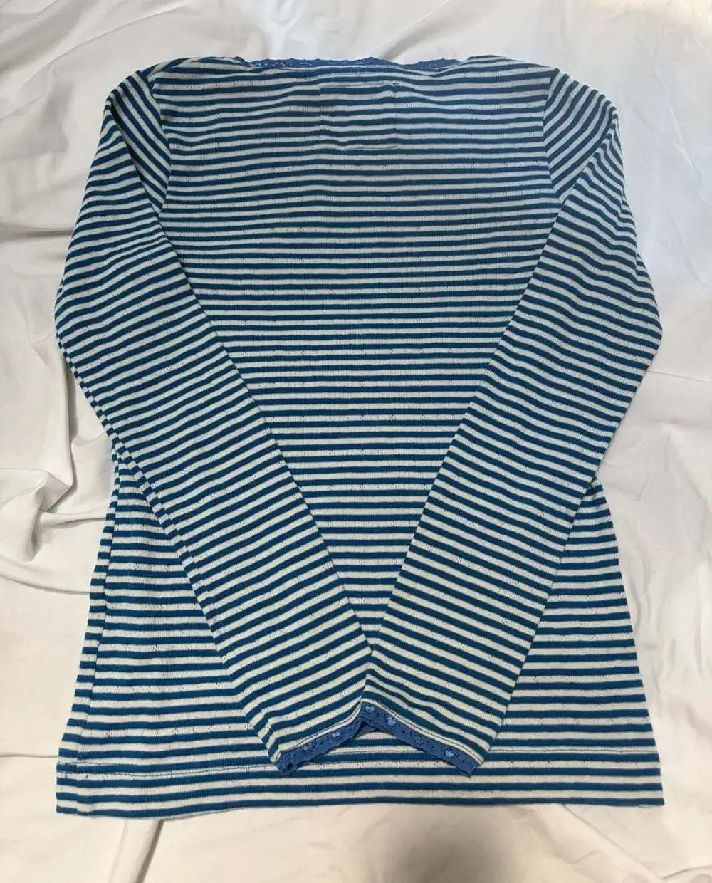 Mini Boden Girls Long Sleeve Striped Crewneck Shirt with Lace Trim, Size 11-12Y